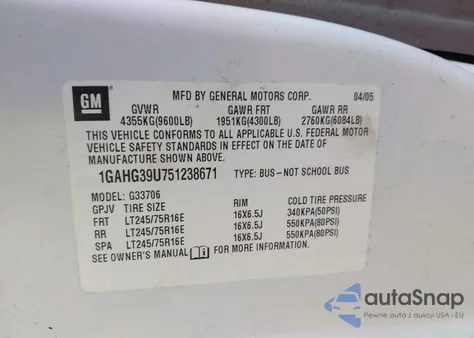 2005 Chevrolet Express G3500 z USA, uszkodzony, nr VIN 1GAHG39U751238671